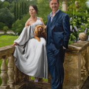Portrait of a couple with their dog in a stately home, painted in oils by Oliver Winconek