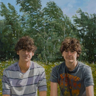 Custom oil portrait of two brothers sat together in their garden both wearing T Shirts with trees in the background. 