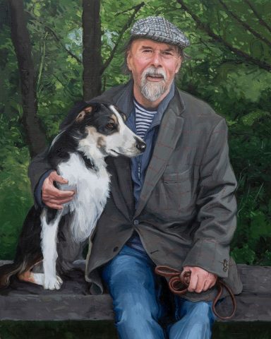 commissioned oil portrait of a man with his dog sitting on a bench in a park setting.