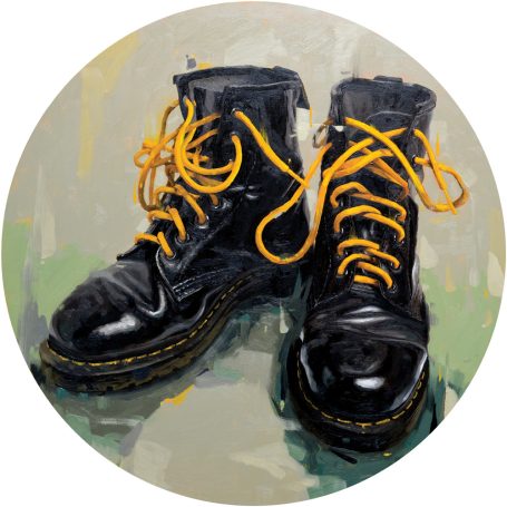 a painting of some shiny black Doc Martens boots with bright yellow laces