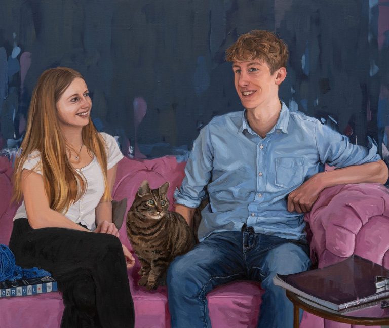 Portrait painting of a brother and sister sat on the sofa with their cat, painted by Oliver Winconek 