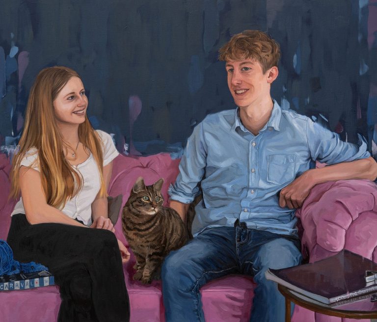 Portrait artist Oliver Winconek was commissioned to paint this oil painting of a brother and sister and their cat.