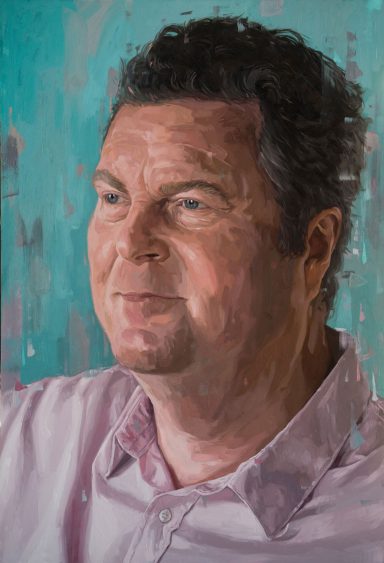 Neil Portrait commission of a Man with short, dark hair and a slight smile, wearing a light pink shirt against a muted background.