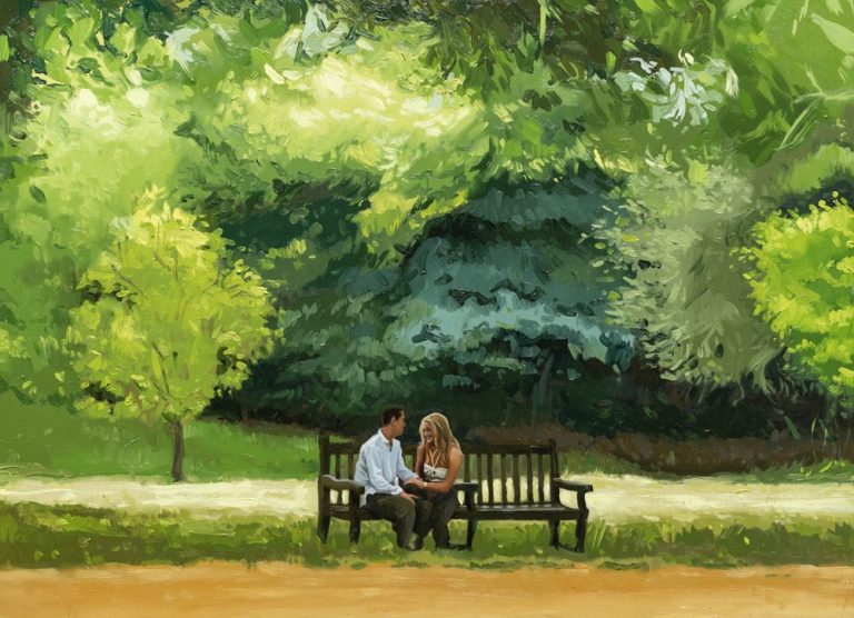Portrait painting of a young couple on a bench in Hyde park during their marriage proposal.
