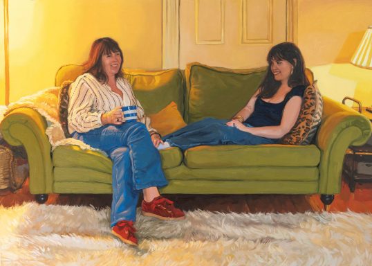 Commissioned portrait painting of a mother and daughter sat on a green sofa in a living room.