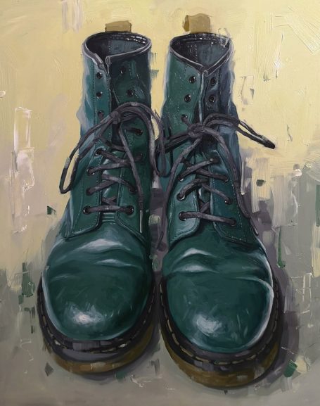 Green Doc Martens boots on a green background, painted in oil paints by Oliver Winconek