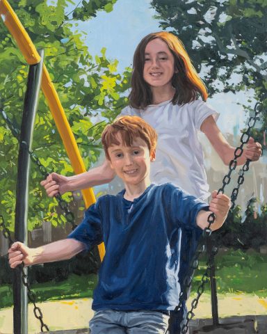 Hand-painted commissioned portrait of siblings standing together, rendered in soft oil brushstrokes with warm sun in a park setting.