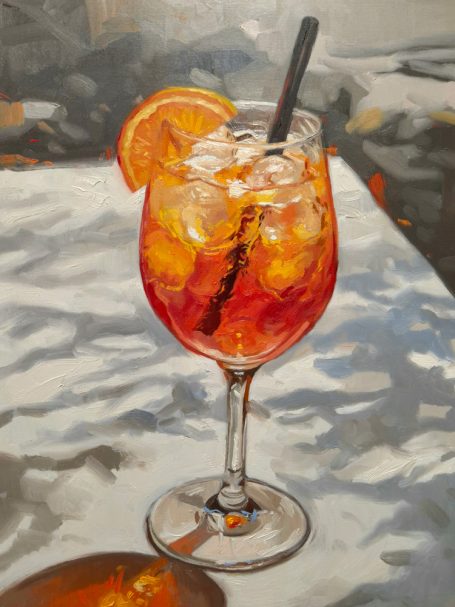 An oil painting of a glass of Aperol spritz by Oliver Winconek. Still life on a hot sunny day