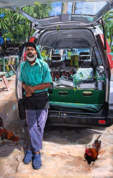 Papa Earl An oil painting by Oliver Winconek of Papa Earl - a food truck merchant standing in Barbados serving food to locals.