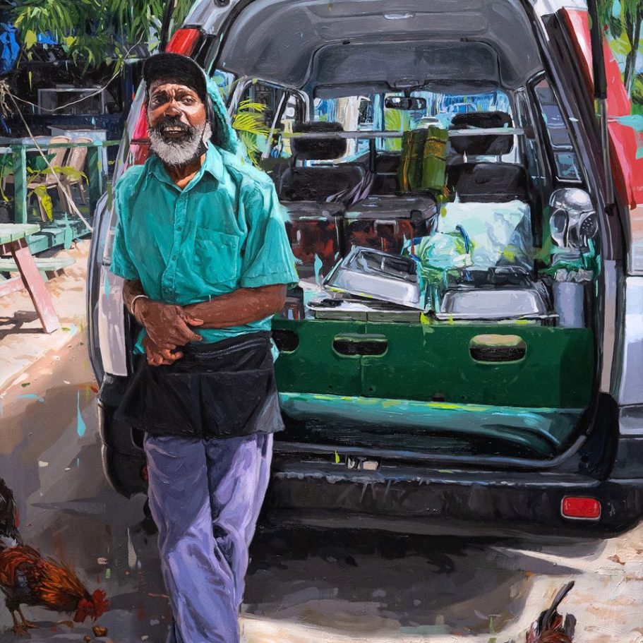An oil painting of a Bajan man in a green shirt stands next to a van loaded with food supplies.