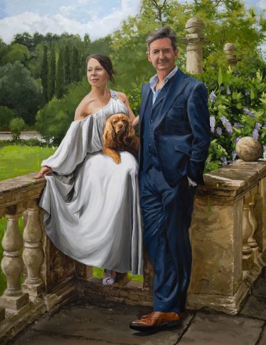 Sarah, Chris and Hailey A commissioned oil painted double portrait of a man in a suit standing beside a woman in a gown, smiling outdoors by a terrace.